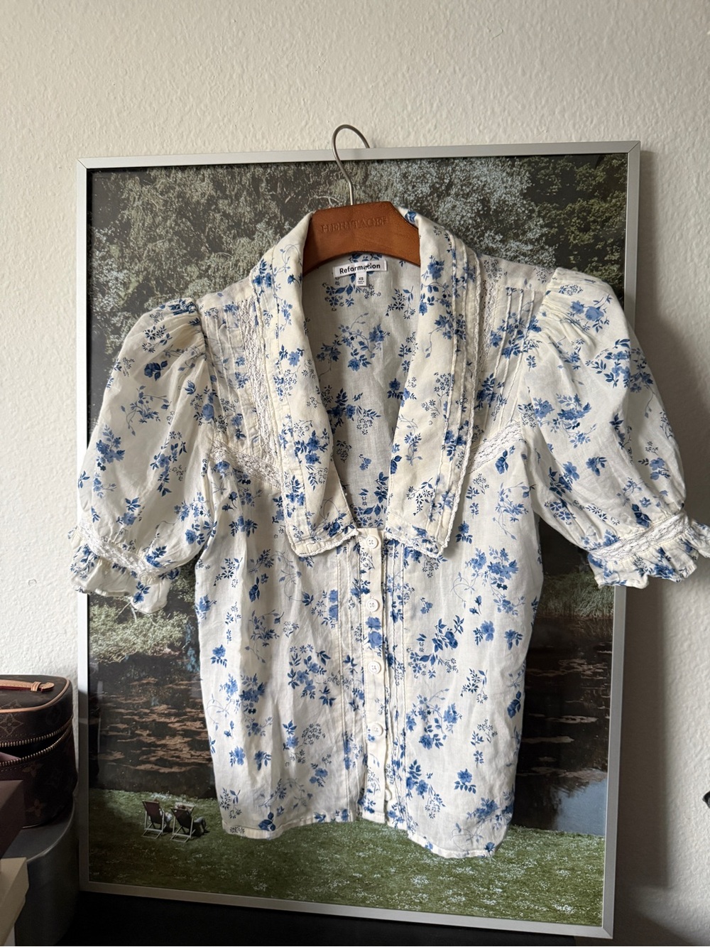 Reformation White Blouse with Blue Floral Print